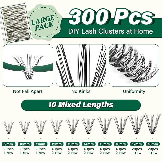 KEYYOU Lash Extension Kit DIY 300Pcs Lash Clusters Eyelash Extension Kit 30D D Curl 9-18MIX Lash Clusters Kit with Lash Glue Remover Applicator Easy to Use for Beginners(Kit,30D-D,9-18MIX)