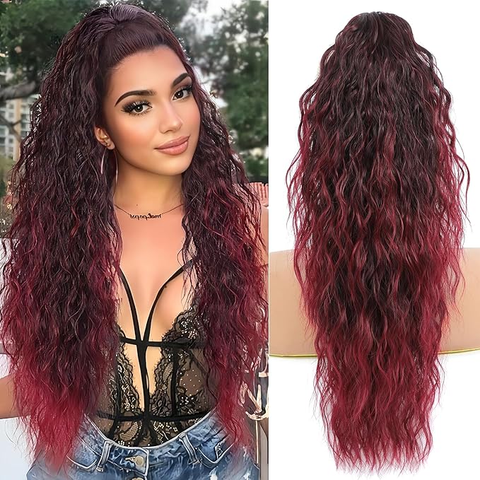 Ponytail Extension, Claw Clip on Pony tails Hair Extension for Women 22 Inch Long Wavy Curly Fake Ponytail Clip in Hair Pieces for Women Fluffy Natural Looking (Omber Burgundy, 22 Inch)