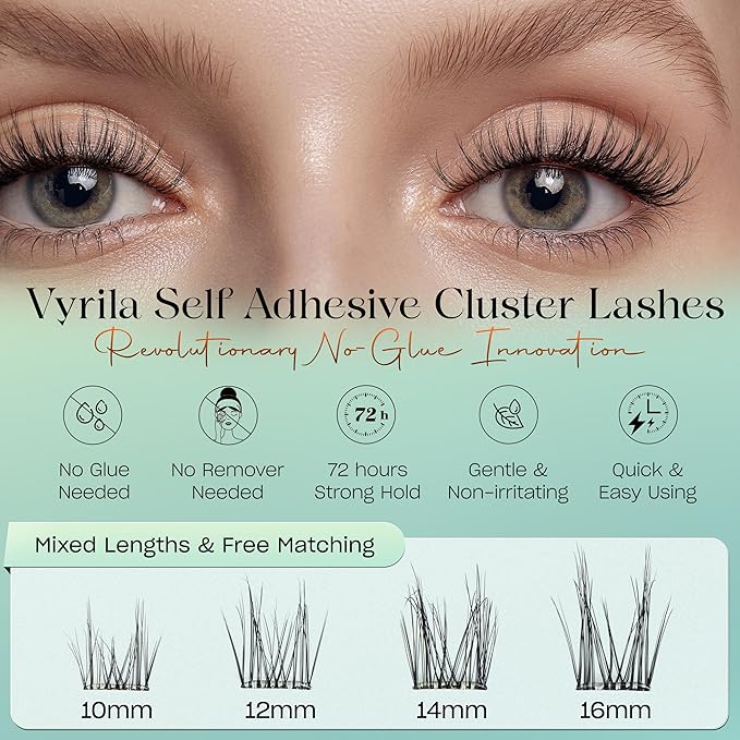 VYRILA Self-Adhesive Lash Cluster, 100pcs Pre-Glued Clusters, Pop-On Faux Eyelashes, 3D Band D Curl Natural Look Lahses, Easy to Apply, Reusable 0.05mm Eyelash Extensions (Green Charm-D-0.05-10-16mix)