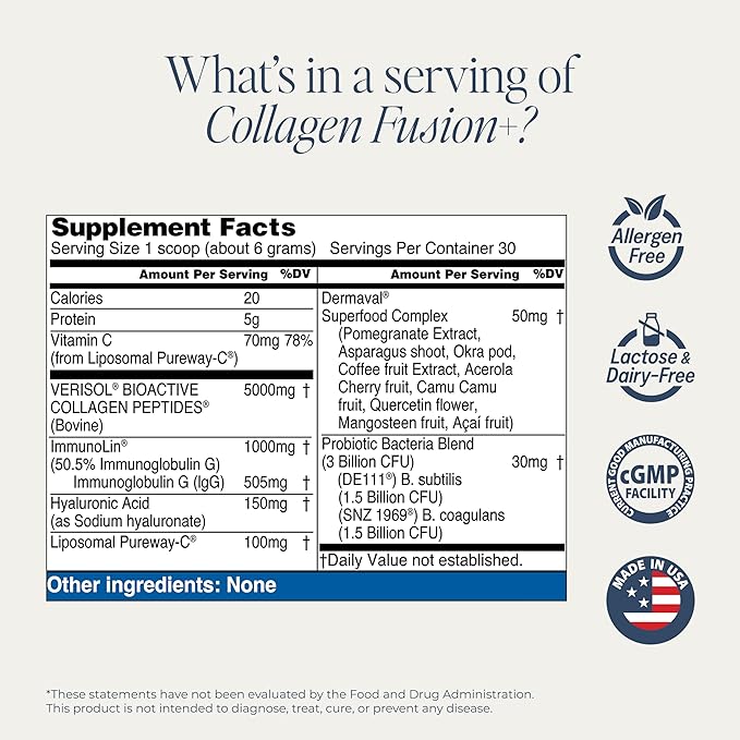 Smooth Skin, Hair, Nails, Joint & Gut Support | Collagen Fusion+ 7-in-1 Powder with VERISOL® Peptides, ImmunoLin® IgG, Dermaval®, PureWay-C®, Hyaluronic Acid & Probiotics | Unflavored 30 Servings