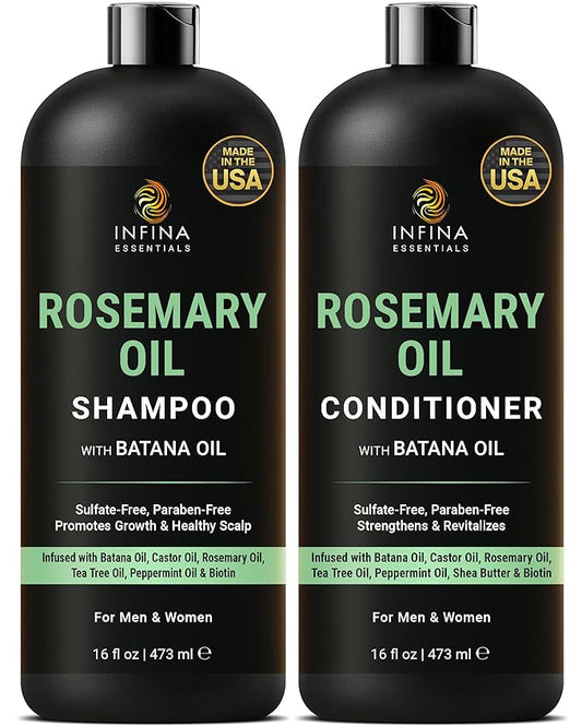 INFINA ESSENTIALS Rosemary Oil Shampoo and Conditioner Set | 16 fl oz Each | with Batana Oil | Sulfate-Free, Moisturizing & Nourishing Formula | Supports Thinning Hair for Men & Women