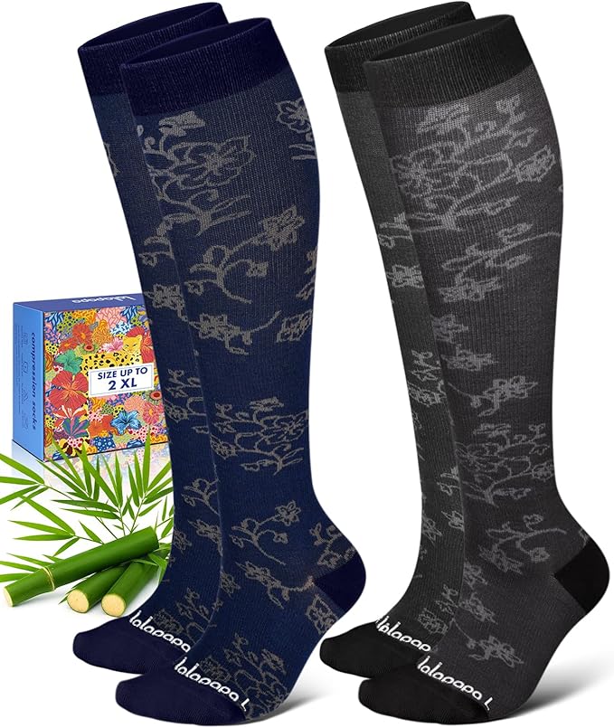 Lalapapa Bamboo Viscose Compression Socks for Women Men 2 Pairs 15-20mmHg Knee High Compression Socks Travel Nurse