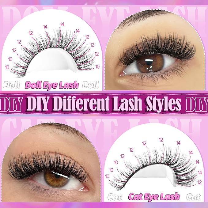 Yawamica Natural Lash Clusters Kit Wispy Eyelash Extension Kit CC Curly Eyelash Clusters Fluttery 10-14mm Individual Lashes with Waterproof Lash Bond and Seal and Lash Tweezers DIY Lash Extension Kit
