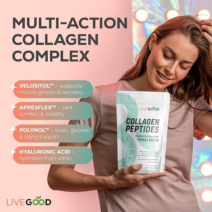 LIVEGOOD Collagen Peptides Powder, Hydrolyzed Type I and III Collagen for Hair Skin Nails and Joints, Unflavored Grass-Fed Collagen Supplement for Mobility and Recovery (30 Servings)