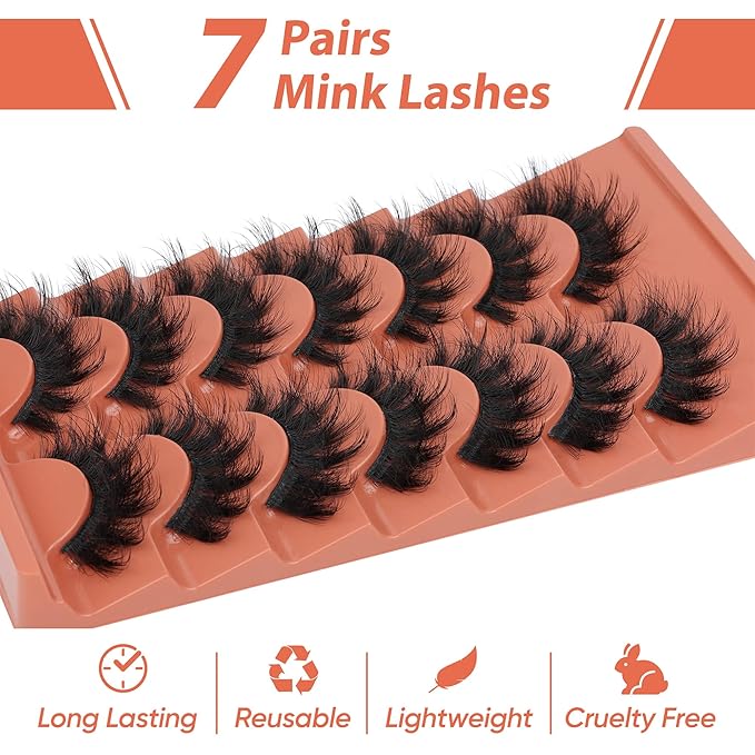 TOOCHUNAG Fluff 8D False Eyelashes 20mm Faux Mink Lashes Natural Fake Thick Volume Cat Eye Lashes 7 Pairs Multipack