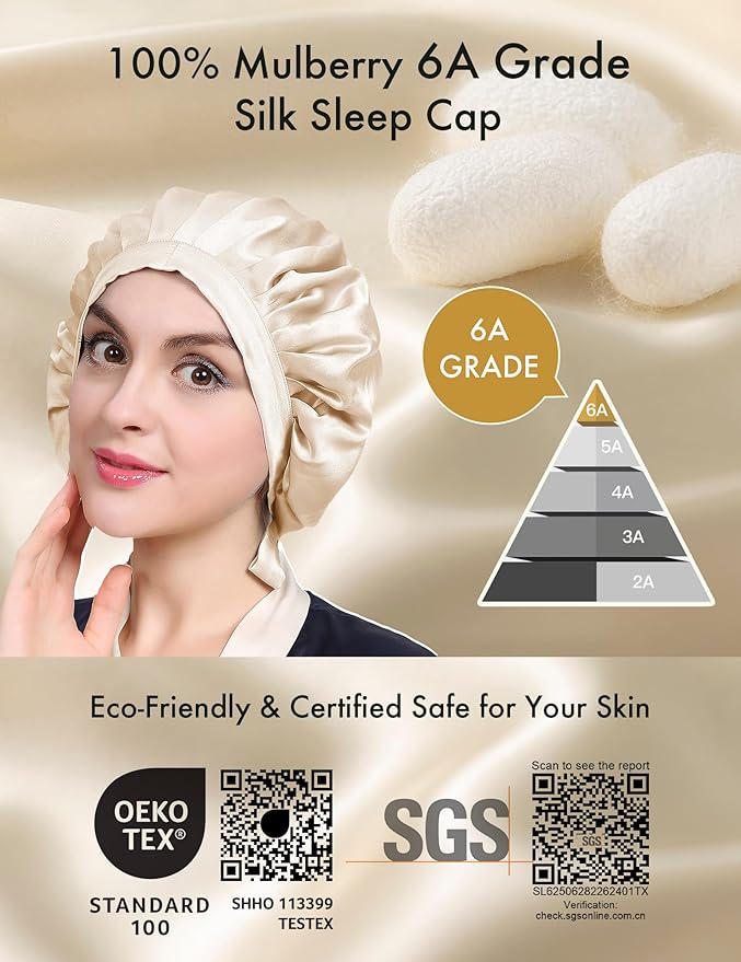LilySilk 100% Mulberry Silk Bonnet Flat Front Silk Night Sleep Cap Adjustable Hair Wrap for Sleeping, Gravel Gold