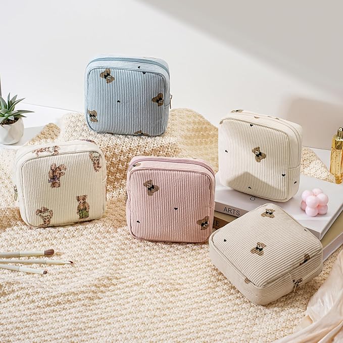 uekeboag Cute Small Corduroy Zipper Makeup Bag, Mini Coquette Aesthetic Pouch with Bear Pattern for for Purse,Key Pocket Lipstick Bag Card Holder Data Cable Organizer for Women Girls (04Light Taup)