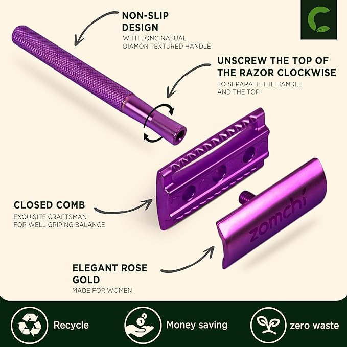 ZOMCHI Double Edge Safety Razor with 5 Safety Razor Blades, Women & Men’s Safety Shaving Razor, Reusable Razor, Plastic Free – Purple