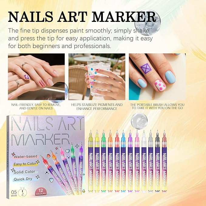 12 Colors Nail Art Pens Set,0.5mm Fine Tip Nail Polish Pens Set,Quick-dry Waterproof Drawing Painting Pens,Portable Upgrade Nail Art Tools for Home Salon and DIY Nail Art Design