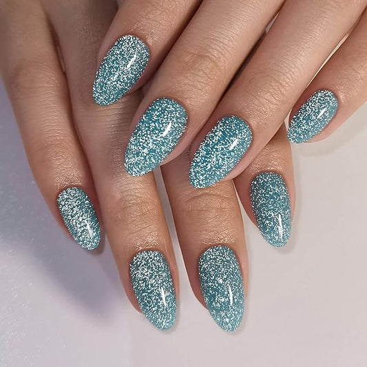 SHANGMENG Glitter Peacock Blue Press on Nails Almond Short with Sparkling Diamond - Soft Gel Fake Nails for Women Gift, Glossy Stick On Nails with Glue in 16 Sizes - 32 Reusable Nails, Peacock Blue