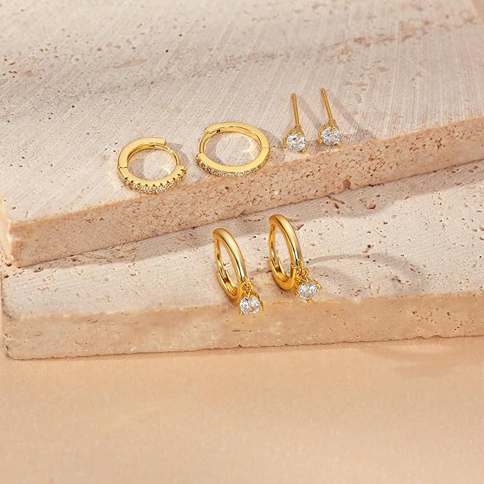 Freekiss 3 Pairs Gold Hoop Earrings Set: Dainty Stud Earrings Trendy Small 14K Gold Plated Hypoallergenic Dangle Cartilage Huggie Hoop Earrings for Women Gold Jewelry for Women Gifts