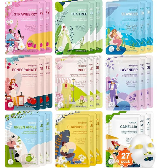 27 Pack Collagen Sheet Face Masks Skincare for Women, Bulk Hydrating Face Mask Set for Dry Skin, Moisturizing Facial Masks for Skin Care, Valentines Day Gifts for Her, Mothers Day Gifts, Teacher Gifts