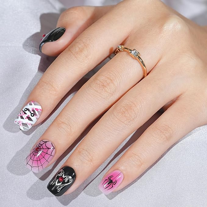 Halloween Press On Nails Short - Mummy’s Crypt,Black Press On Nails Halloween with Spider Web, Acrylic Square Glue On Nails with Nail Glue, Stick On Nails in 16 Sizes - 32 PCS Soft Gel Kit