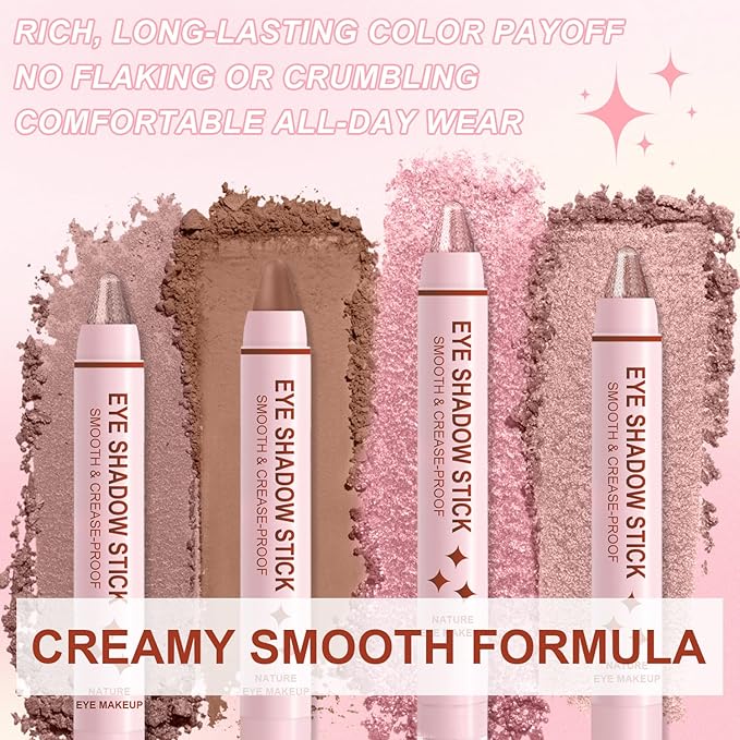 8Pcs Eyeshadow Stick, Eye Brightener Stick Built-in Blender Brush, Shimmer Creamy Eye Shadow Makeup, Waterproof Long Lasting Glitter Highlighter Eye Liner Pencil (8PCS A)