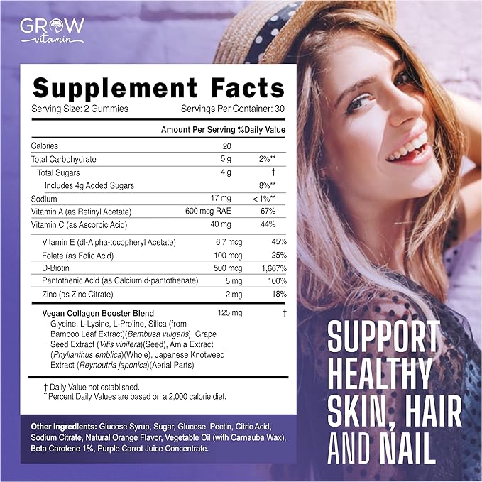 grow vitamin Collagen Booster Gummy Bears – Hair, Skin, Nails & Joint Support – USDA Organic, 100% Vegan & Non-GMO – Strawberry Flavored, 60 Vegan Gummies