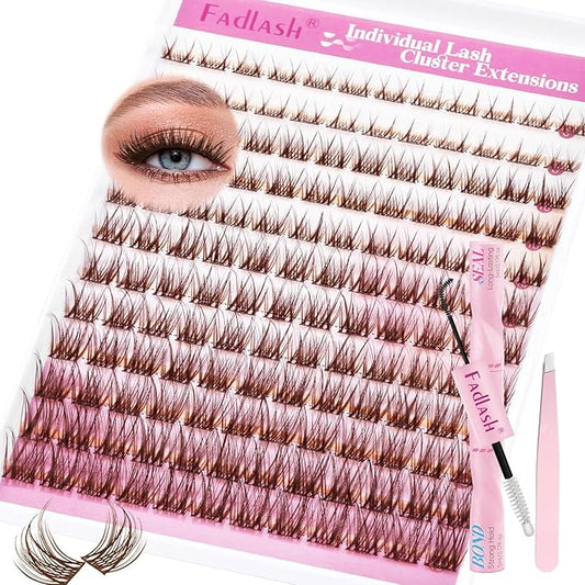 FADLASH Lash Extension Kit Fluffy Brown Lash Clusters 0.07 D Curl Wispy Eyelash Clusters with Lash Bond and Seal Lash Tweezer DIY Lash Clusters Kit for Beginners at Home(SNR028-0.07D, 8-16mm Kit)