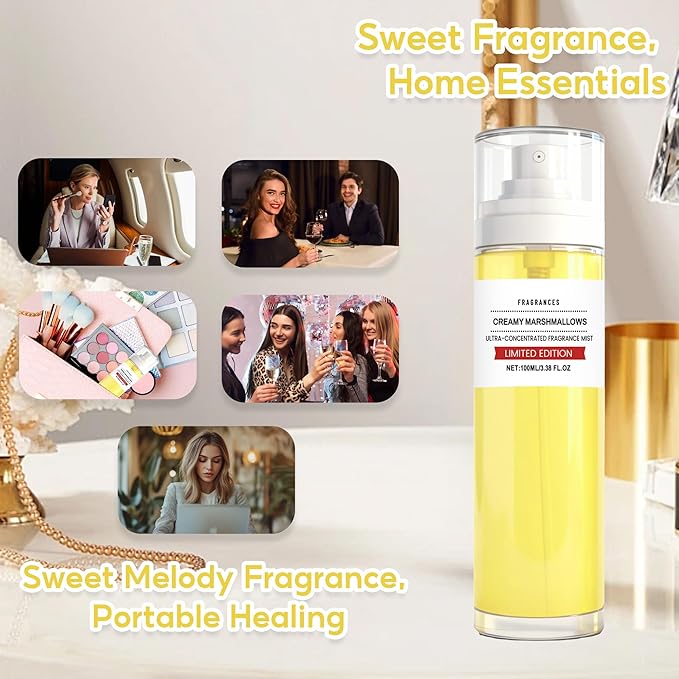 Creamy Marshmallow Fragrance Mist for Women, Sweet Vanilla Scented Body & Hair Spray, Long-Lasting Perfume Mist, Mood Boosting Gentle Formula, Travel Size Portable,100ml