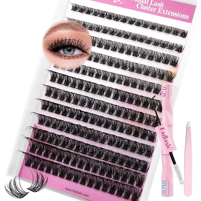 FADLASH Lash Extension Kit Fluffy Lash Clusters 0.07 D Curl Mixed Tray Wispy Eyelash Clusters with Lash Bond and Seal Lash Tweezer Diy Lash Clusters Kit for Beginners at Home(C3-0.07D, 8-16mm Kit)