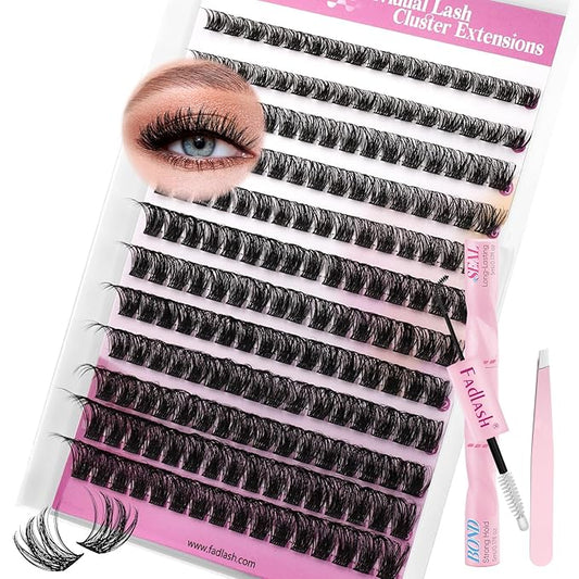 FADLASH Lash Extension Kit Fluffy Lash Clusters 0.07 D Curl Mixed Tray Wispy Eyelash Clusters with Lash Bond and Seal Lash Tweezer Diy Lash Clusters Kit for Beginners at Home(C3-0.07D, 8-16mm Kit)