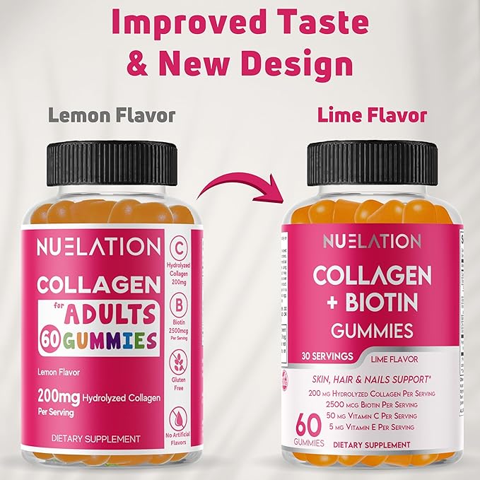 NUELATION 200mg Hydrolyzed Gummy Collagen for Women & Men. 2500mcg Biotin Gummies with 5mg Vitamin E, 50mg Vitamin C & 5mg Zinc. Gluten-Free, Non-GMO, Keto Friendly Adult Biotin and Collagen Vitamins