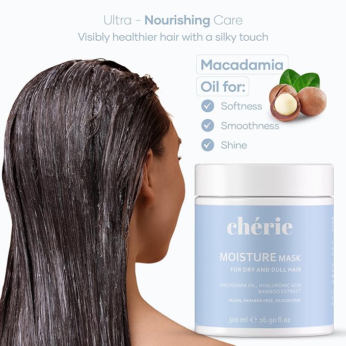 chérie Deep Conditioning Hair Mask for Curly and Straight Hair With Macadamia Oil, Hyaluronic Acid & Bamboo Extract, Hydrating for Dry Damaged, Helps Repair, Reducing Frizz & Breakage, Vegan 16.90 oz