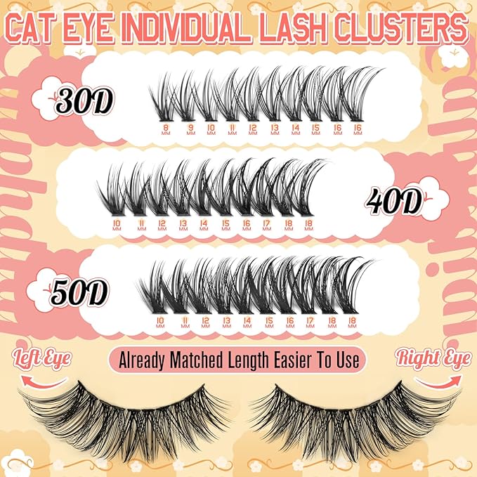 Cat Eye Lash Clusters Wispy Eyelash Clusters 30D+40D+50D Individual Lashes 400pcs Light & Right Cluster Eyelash Extensions D-curly Lash Extension 8-18mm Natural Lashes Clusters for Beginners