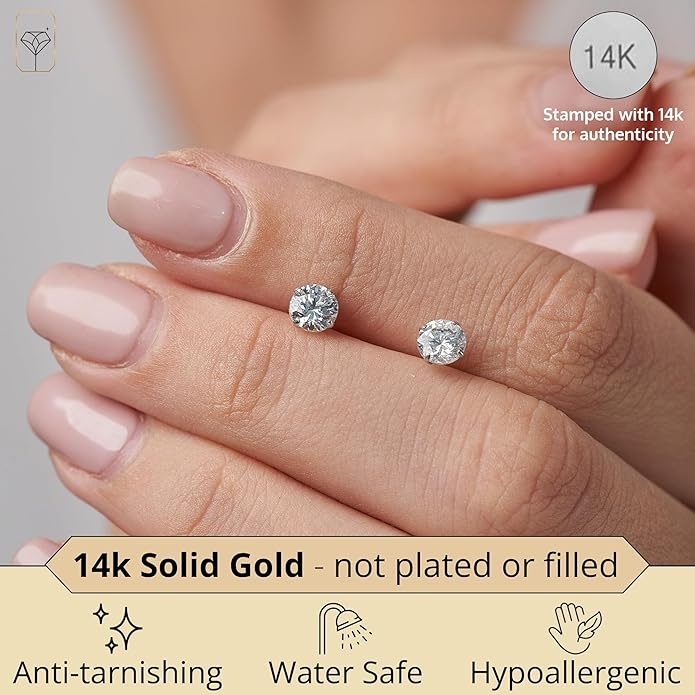 14k Gold Solitaire Round Cubic Zirconia Earrings Studs for Women & Men | Anti Tarnishing CZ Stud Earrings with 14k Gold Butterfly Pushbacks | 4MM-7.5MM by MAX + STONE