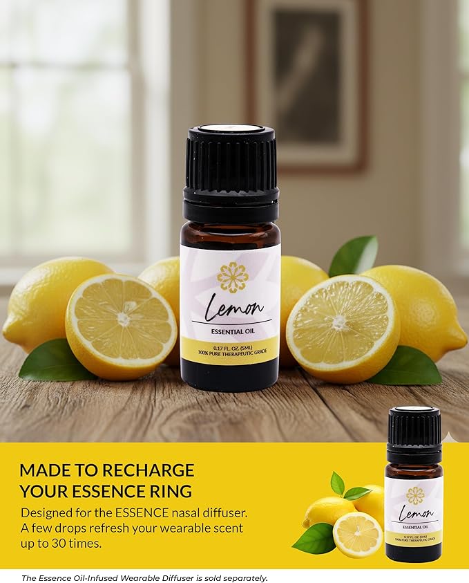 Essence Lemon Essential Oil – Pure & Therapeutic Grade – Perfect for Aromatherapy, Diffusers & Recharging Essence Nasal Diffuser Rings – Natural Stress & Mood Support (5mL)