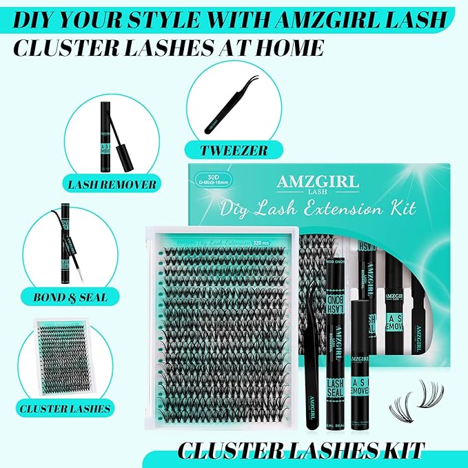 Lash Clusters Kit 320Pcs,30D Eyelash Extension Kit,Lash Bond and Seal Waterproof,Lash Remover for Individual Cluster Lashes Kit,Lash Applicator Tool for DIY Lash Extension Kit(D-Mix9-16mm Kit)