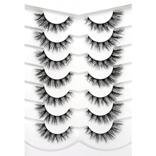 Pooplunch False Eyelashes Pre-Permed Curl Cat Eye Look Wispy Volume Natural Fake Eyelash 8D Faux Mink Strip Lashes 7 Pairs Pack