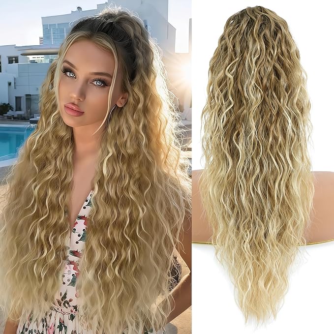 Ponytail Extension, Claw Clip on Pony tails Hair Extension for Women 22 Inch Long Wavy Curly Fake Ponytail Clip in Hair Pieces for Women Fluffy Natural Looking (Ombre Brown To Blonde, 22 Inch)