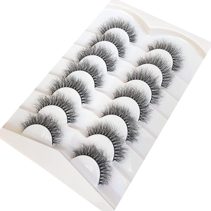 Pooplunch False Eyelashes Natural Volume 8D Faux Mink Lashes Wispy Short Fake Eye Lashes Strips 7 Pairs Pack