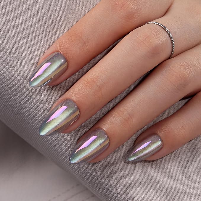 VSALON Press on Nails Short Almond - Holographic Chrome Cat Eye Nails Kit for Women, Reusable Aurora Effect Transparent Soft Gel Fake Nails with Glue - 32 PCS Stick On Nails in 16 Sizes