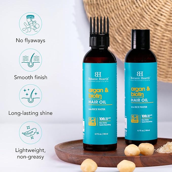 Botanic Hearth Hair Oil for Hair Growth & Hair Relaxer | Strengthening Dry, Frizzy, Damaged Hair & Scalp Treatment | Argan & Biotin Hair Oil – 6.7 Fl Oz