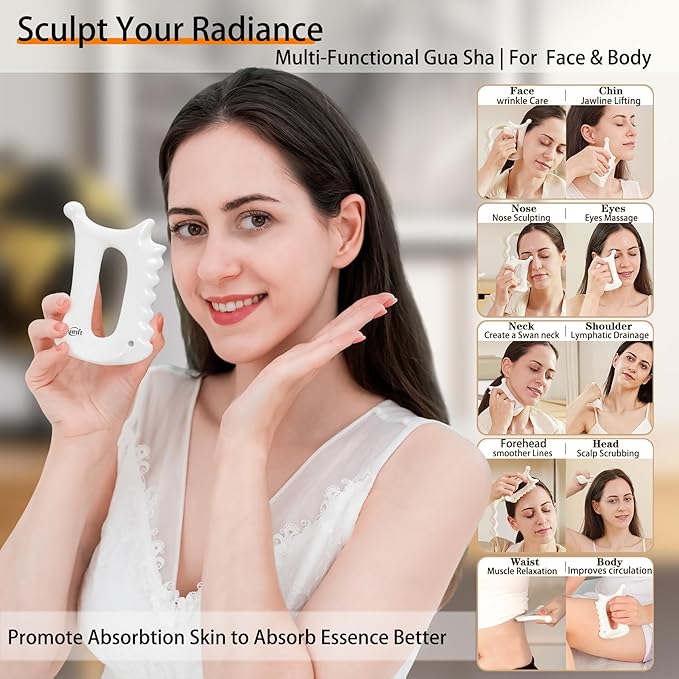 Aurift Ceramic 6‑in‑1 Gua Sha Tool for Face & Body, Jawline Sculpting, Double Chin Reduction, Lymphatic Drainage, Trigger Point Manual Massage Tool, Self-Care Gift Box for Women, White
