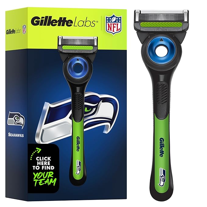 Gillette Labs Special NFL Seahawks Edition Shaving Razor for Men - 1 Handle, 4 Razor Blade Refills & Magnetic Stand, GilletteLabs with Exfoliating Bar