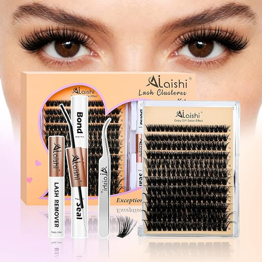 AILAISHI Lash Clusters Kit, DIY Cluster Eyelash Extensions 10‑20mm, 90D, 202pcs Fluffy D Curl Natural Lashes with Bond & Seal,Remover,Tweezers – Fake Cat Eye Individual Clusters