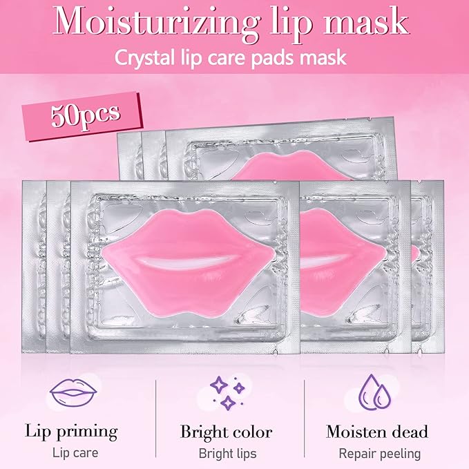 50PCS Lip Mask Sheet,Collagen Crystal Lip Masks,Pink Lip Care Pads Mask for Moisturizing Nourishing,Anti-Aging & Anti-Wrinkle,Lip Gel Patches Pads for Dry Lip,Remove Dead Skin