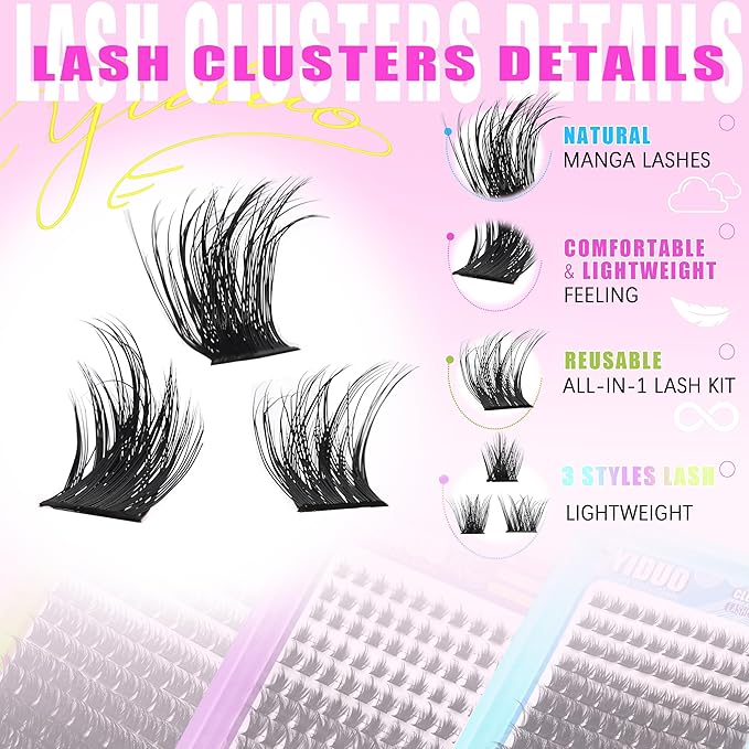 YIDUO 3 Styles Lash Clusters Kit Bulk Packs with 2×Bond&Seal Volume/Manga/ultra/Dramatic Eyelash Extensions 8-18mm lashes Clusters Kit Wispy D Curl Individual Fake Eyelashes Kit DIY at Home Easily
