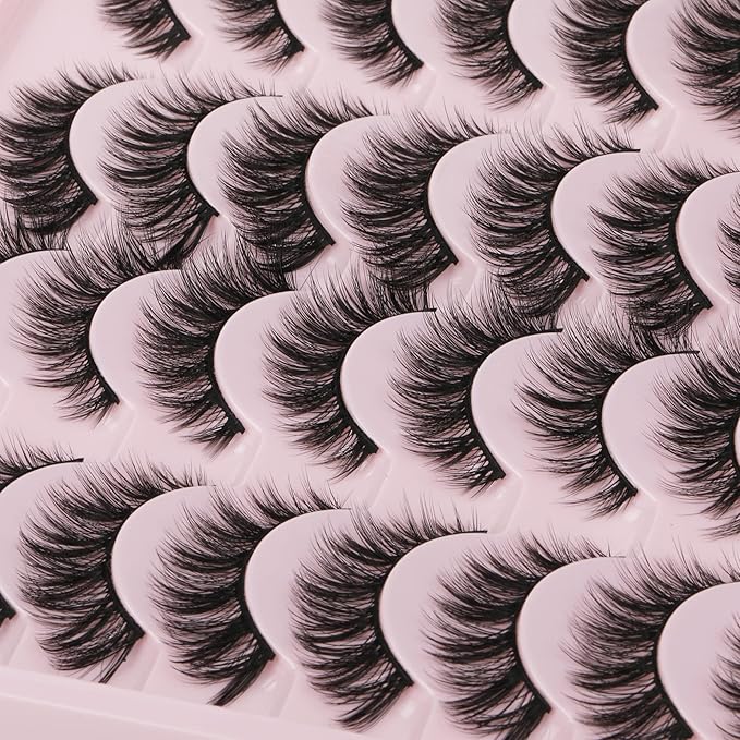 JIMIRE Wispy Faux Mink Cat Eye Lashes Fluffy Crossed Volume False Eyelashes Natural Look Handmade Premium Quality Reusable 16 Pairs Pack