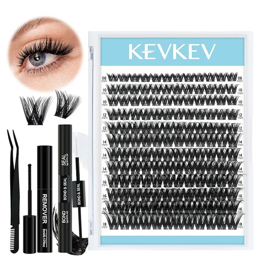 KevKev Lash Clusters Kit Eyelash Clusters Kit 144pcs Cluster Eyelash Extensions Kit DIY Lash Extension Kit Wispy Lash Clusters with Lash Bond and Seal Lash Applicator Lash Remover(Land, D-8-18mix)