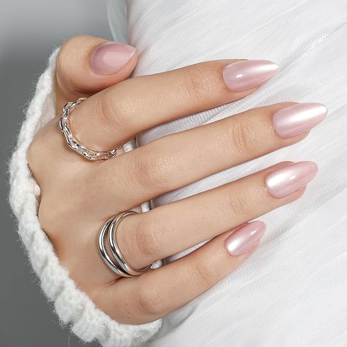 Leefrei Cat Eye Press On Nails - Glazed Soft Pink Press On Nails Short Almond Nails Press Ons for Women Fake Nails with Glue, Glossy Reusable Glue on Nail in 16 Sizes - 32pcs, Petal Pink