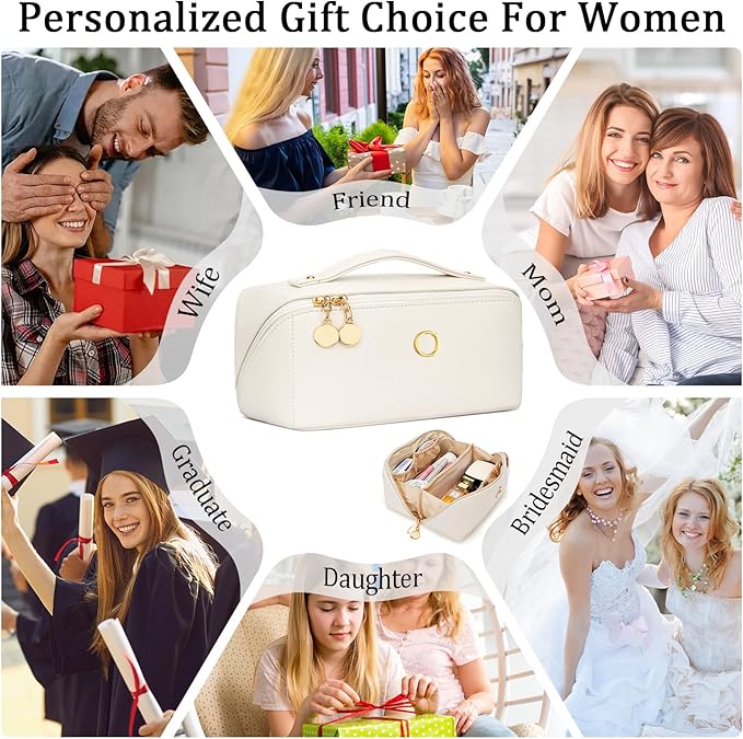 Gifts for Women Bridesmaid Gifts Personalized Initial Makeup Bag PU Leather Cosmetic Waterproof Travel Toiletry Bag (Medium)