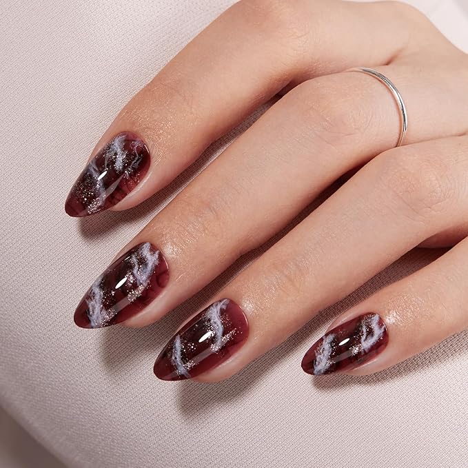 VSALON Press on Nails Short Almond - Brown Marble Glitter Glue On Nails Kit for Women, Reusable Opaque Salon Quality Winter Fake Nails - 32 PCS Stick on Nails in 16 Sizes with Glue & Cuticle Oil