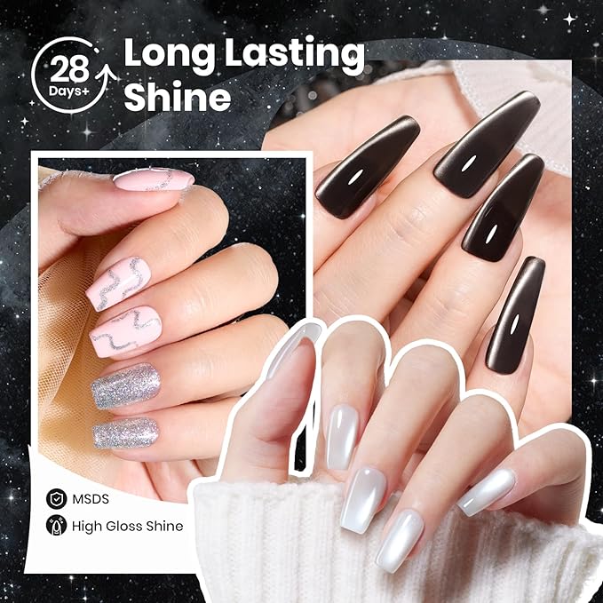 Beetles Gel Nail Polish Set - Twilight Gleam 6 Colors Cat Eye Glitter White Black Silver Shimmer Sparkle Gel Polish Kit with Magnet Soak Off Nail Art Uv Led Home Salon Gift for Women&Girls