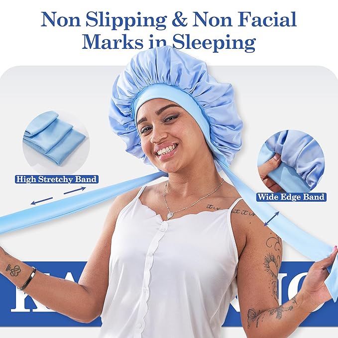 Tie Band Silk Satin Bonnet for Sleeping Hair: Women Sleep Night Wrap Cap for Straight Wavy Curly Coily Kinky Natural Hair Head - Sky Blue Aqua