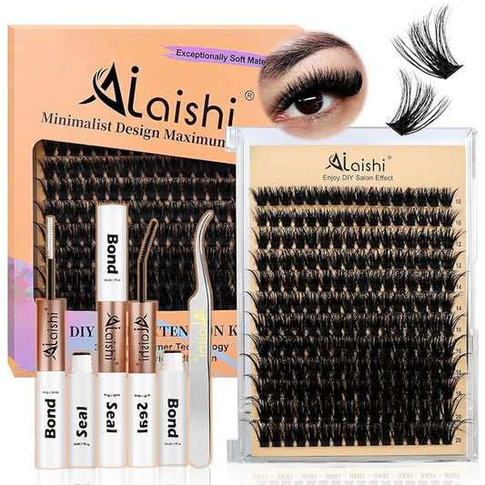 AILAISHI Lash Clusters Kit, DIY Cluster Eyelash Extensions 10‑20mm, 80D+100D, 192pcs Fluffy D Curl Natural Lashes with Bond & Seal,Tweezers–Fake Cat Eye Individual Clusters