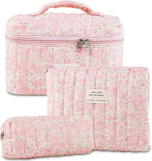 3Pcs Quilted Makeup Bag for Women, Large Travel Makeup Bag Set, Cute Aesthetic Cosmetic Bags, Floral Cotton Makeup Pouch Coquette Toiletry Organizer Bag