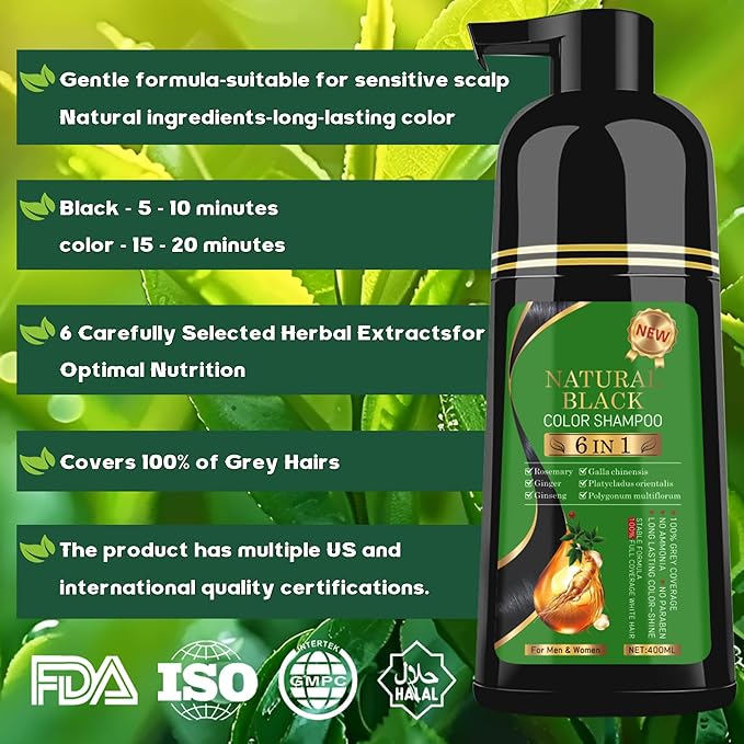 TWMINYUE Black Hair Dye Shampoo 6-in-1 Unisex Natural Herbal Formula, Hair Color Shampoo for Women&Man Long-Lasting Color for Grey Coverage Home & Salon (Natuarl Black)