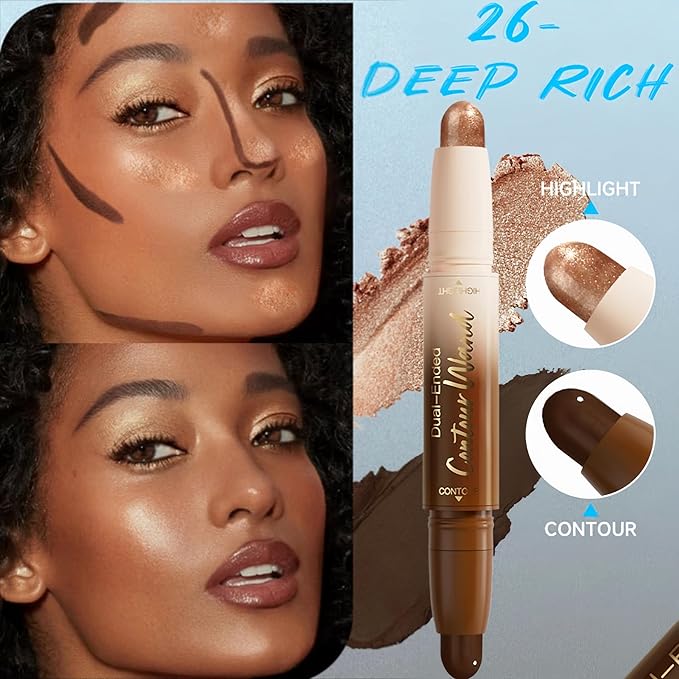 MAEPEOR Contour Highlighter Stick 2 in 1 Smooth Natural Glow Cream Bronzer and Highlighter Stick Long Lasting Non-greasy and Non-drying Brightening Pen (06 Deep Rich)